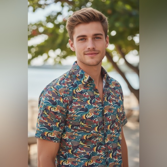 WeSC Men's M Women’s Large SS Oden Koi AOP Japanese Pattern Multicolor Shirt New - Picture 1 of 12